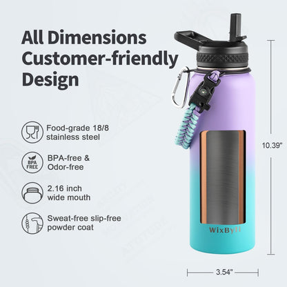WixByti 40 oz Insulated Water Bottle with Straw (Cold for 36 Hrs), Stainless Steel Triple Wall Vacuum Sports Water Jug, Leakproof Hydro Cup Flask with Paracord Handle & Straw Spout Lids & DIY Stickers