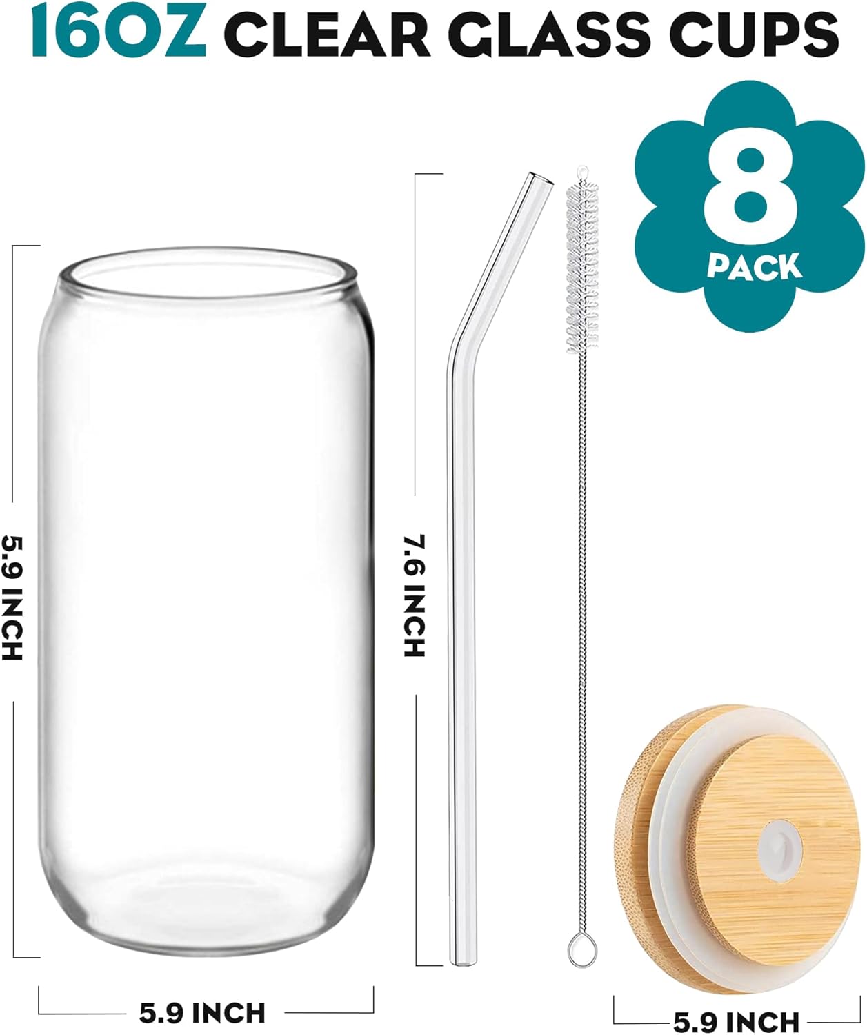 WISIMMALL Drinking Glasses with Bamboo Lids and Glass Straw 2PCS Set, 16oz Glass Cups with Lids and Straws, Beer, Iced Coffee Glasses, Soda, Gift 1 Cleaning Brushes