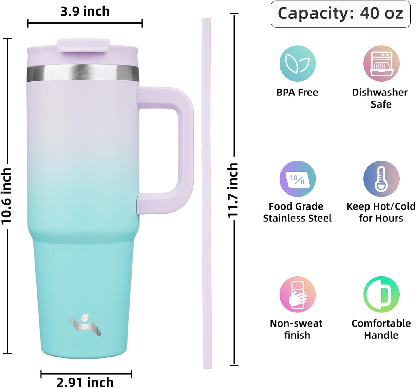 Konokyo 30 oz Tumbler with Handle and 2 Straws,2 in 1 Lid Insulated Water Bottle Stainless Steel Travel Coffee Mug,Sky