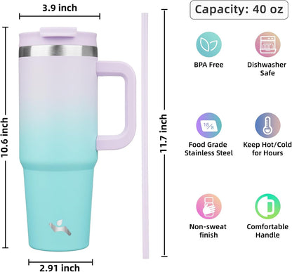 Konokyo 30 oz Tumbler with Handle and 2 Straws,2 in 1 Lid Insulated Water Bottle Stainless Steel Travel Coffee Mug,Sky