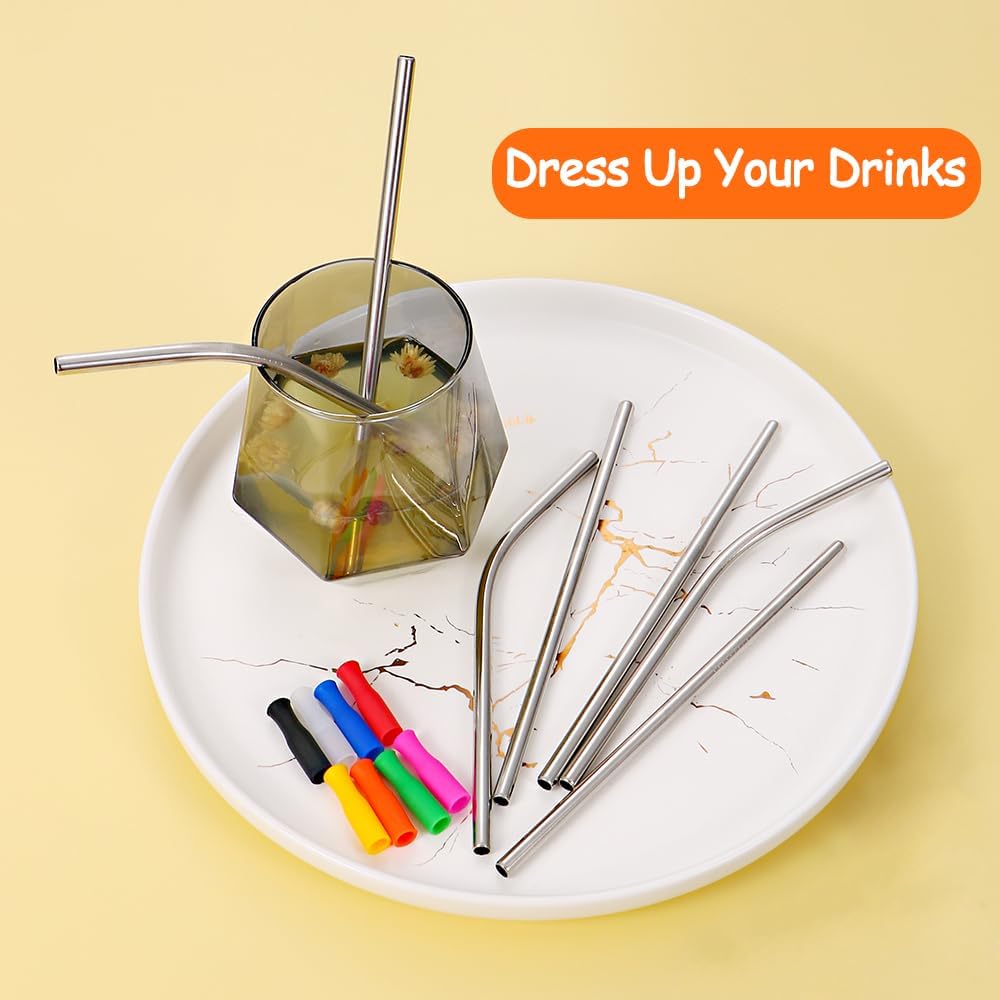 Lazycorner 16 Pcs Metal Straw Reusable 8.5" 10.5" 6mm Stainless Steel Straws for Tumblers 20oz-32oz, Rainbow Drinking Straws with Silicone Tips, 4 Straw Cleaner Brush, 1 Travel Case
