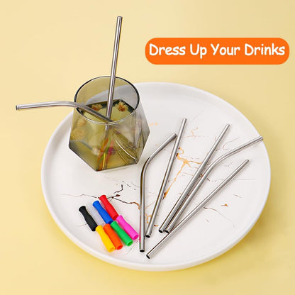 Lazycorner 16 Pcs Metal Straw Reusable 8.5" 10.5" 6mm Stainless Steel Straws for Tumblers 20oz-32oz, Rainbow Drinking Straws with Silicone Tips, 4 Straw Cleaner Brush, 1 Travel Case