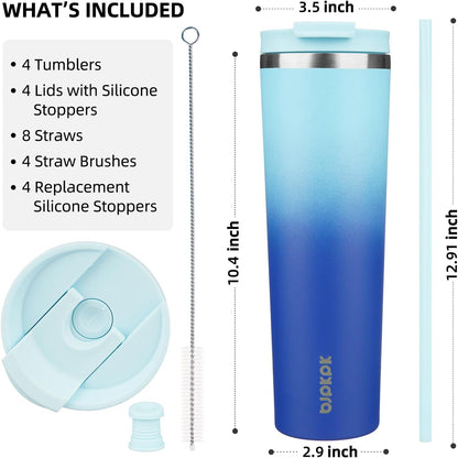 BJPKPK 4 Pack Tumbler with Lid and Straw,30oz Insulated Tumblers Bulk Reusable Travel Coffee Mug, Dishwasher Safe Double Wall Vacuum Insulated Cup Gift for Men Women,Light Blue Leopard