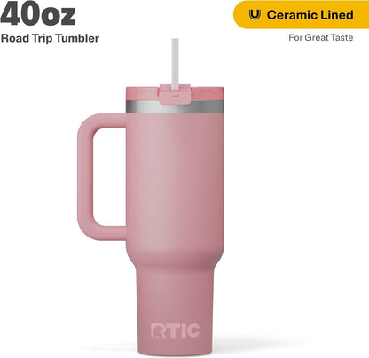 RTIC 30 oz Road Trip Tumbler Double-Walled Ceramic Lined InsulatedStainless Steel Portable Travel Coffee Mug Cup with Lid, Handle and Straw, Periwinkle Bouquet