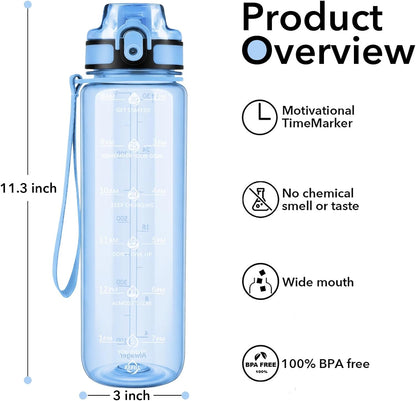 32oz Water Bottle with Time Marker, Motivational Drinking Bottle with Strap, BPA-Free Leak-Proof, Encouraging Water Bottle Time to Drink Water for Gym School Office Travel