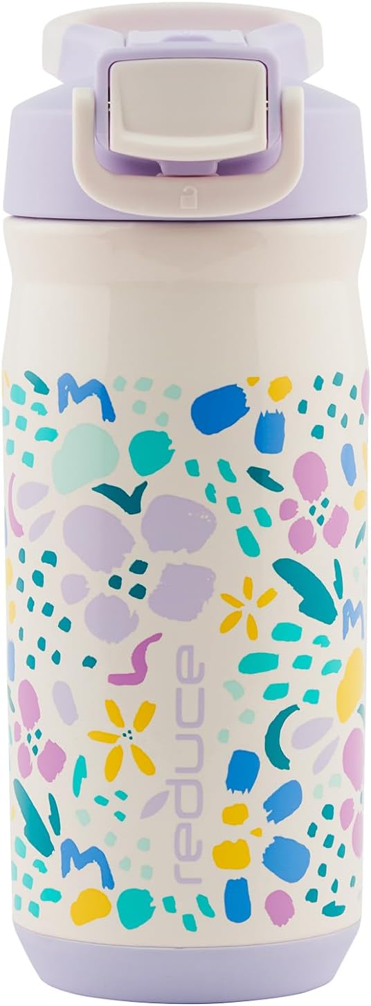 Reduce Hydrate Pro Kids 14oz Stainless Steel Insulated Water Bottle w/Straw – Spill Proof Tumbler for Kids – 30 Hour Cold Retention – Dishwasher Safe Leak-Proof Design - Abstract Flowers