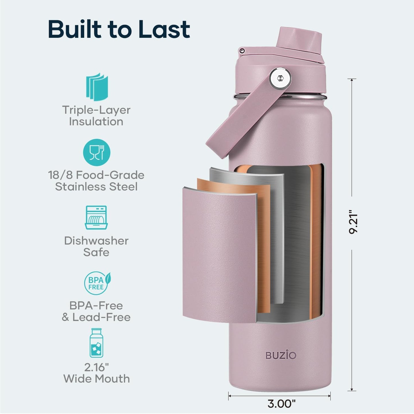 BUZIO 40oz Insulated Water Bottle, Triple Wall Vacuum Stainless Steel Water Flask with 2 lids, Lead-Free BPA-Free Straw Lid Sports Canteen Jug, Cold 48H & Hot 24H- Black - Colors A