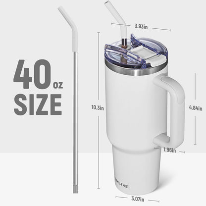 40 oz Tumbler with Handle and Straw Lid,Insulated Reusable Stainless Steel Water Bottle Travel Mug，Cupholder Friendly Double Wall Vacuum Sealed Cup (Black)