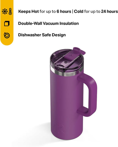 RTIC 20oz Road Trip Travel Mug with Lid and Handle, Ceramic Lined, Insulated, Stainless Steel, Metal, Double Wall Vacuum-Insulation, Portable Coffee, Tea Cup for Hot and Cold Drink, Black