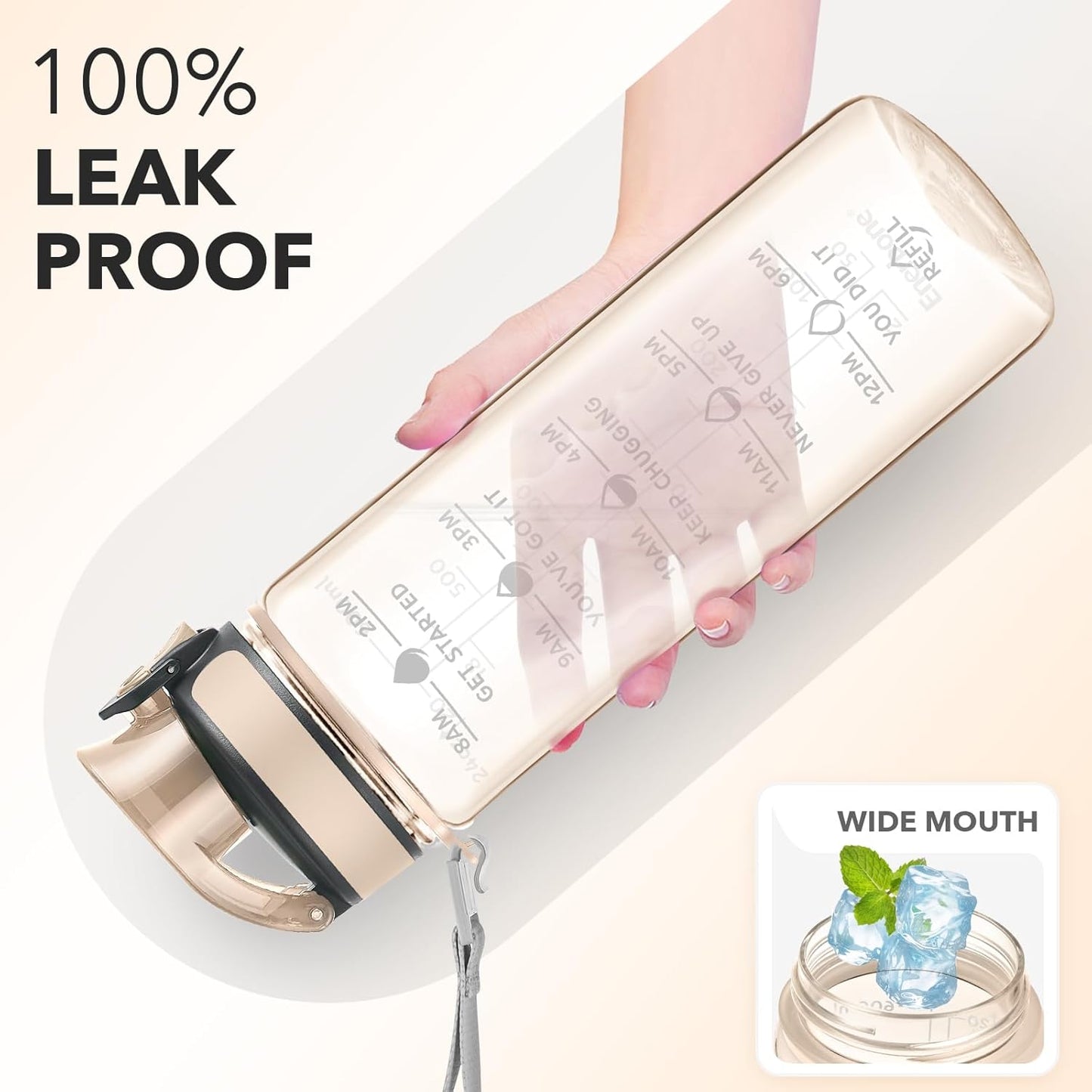 Enerbone Water Bottle, Leakproof BPA & Toxic Free, Motivational Water Bottle with Times to Drink and Straw, Fitness Sports Water Bottle with Strap for Office, Gym, Outdoor Sports