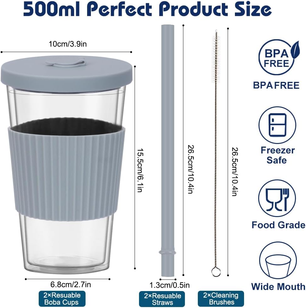 2 Pack Reusable Boba Cups, 17oz Iced Coffee With Straw and Lid, Leakproof Clear Plastic Tumbler, Double Wall Insulated Smoothie Cup, Pastel Violet and Cornflower Blue