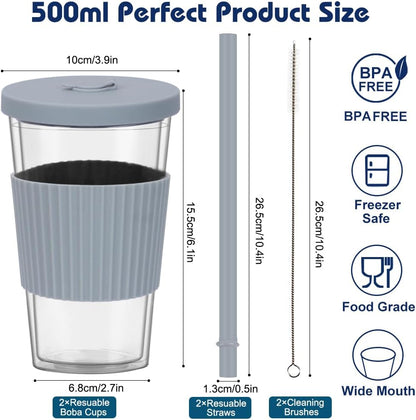 2 Pack Reusable Boba Cups, 17oz Iced Coffee With Straw and Lid, Leakproof Clear Plastic Tumbler, Double Wall Insulated Smoothie Cup, Pastel Violet and Cornflower Blue