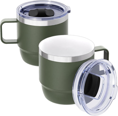 8 oz Small Coffee Mug with Magnetic Sliding Lid & Handle, Ceramic-Lined 18/8 Stainless Steel, Double-Wall Vacuum Insulated, Stackable, Dishwasher Safe, Mini Coffee/Tea Cup, 2 Pack, Black