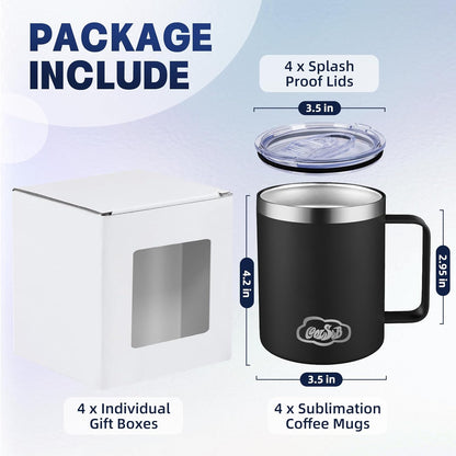 12oz Insulated Coffee Mug with Handle, Stainless Steel Wide Mouth Travel Tumblers with Lid, Double Wall Vacuum Coffee Cup for Camping, Office, Army Green 4 Pack