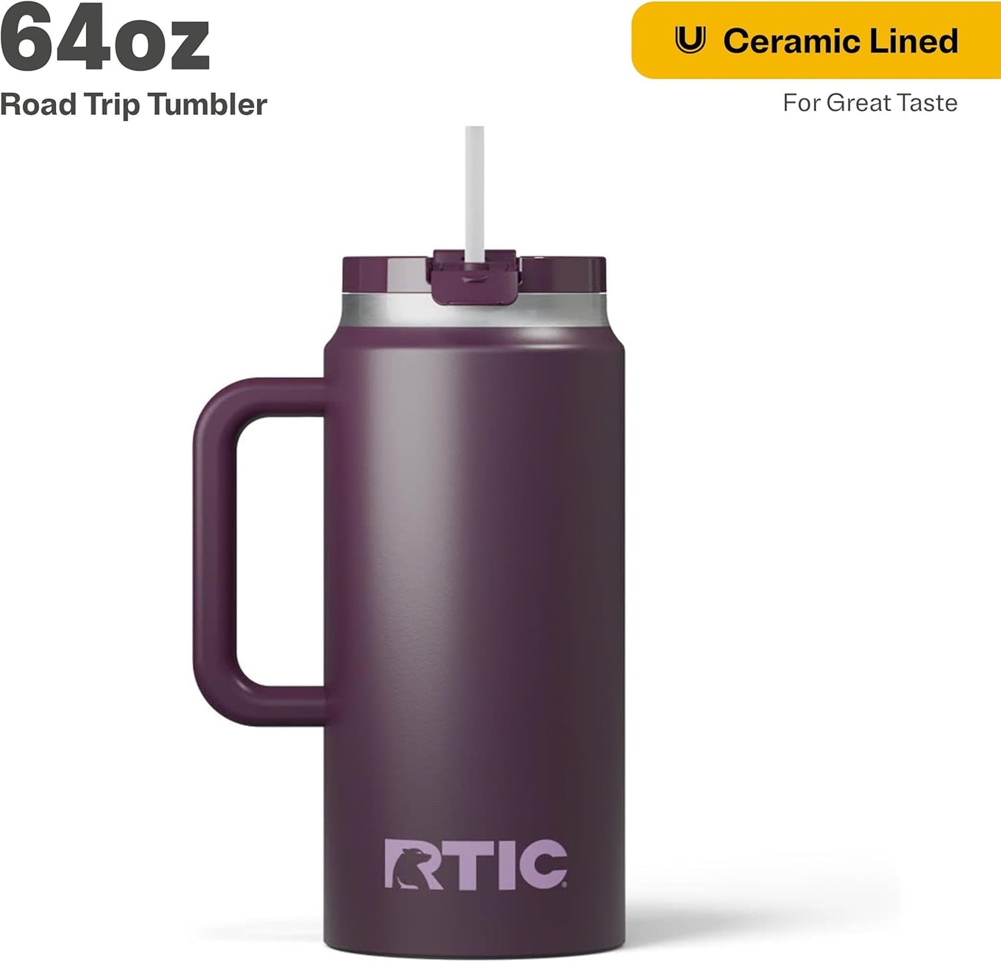 RTIC 64oz Road Trip Tumbler with Handle, Lid and Straw, Ceramic Lined, Insulated, Stainless Steel, Double Wall Vacuum-Insulation, Travel Cup, Cool Grey