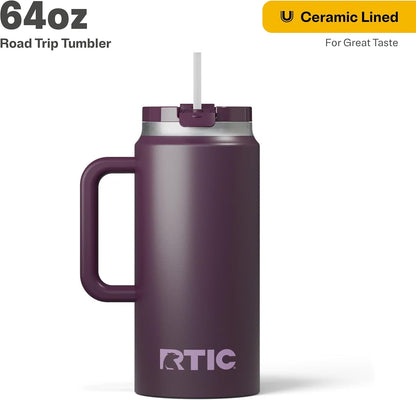 RTIC 64oz Road Trip Tumbler with Handle, Lid and Straw, Ceramic Lined, Insulated, Stainless Steel, Double Wall Vacuum-Insulation, Travel Cup, Cool Grey