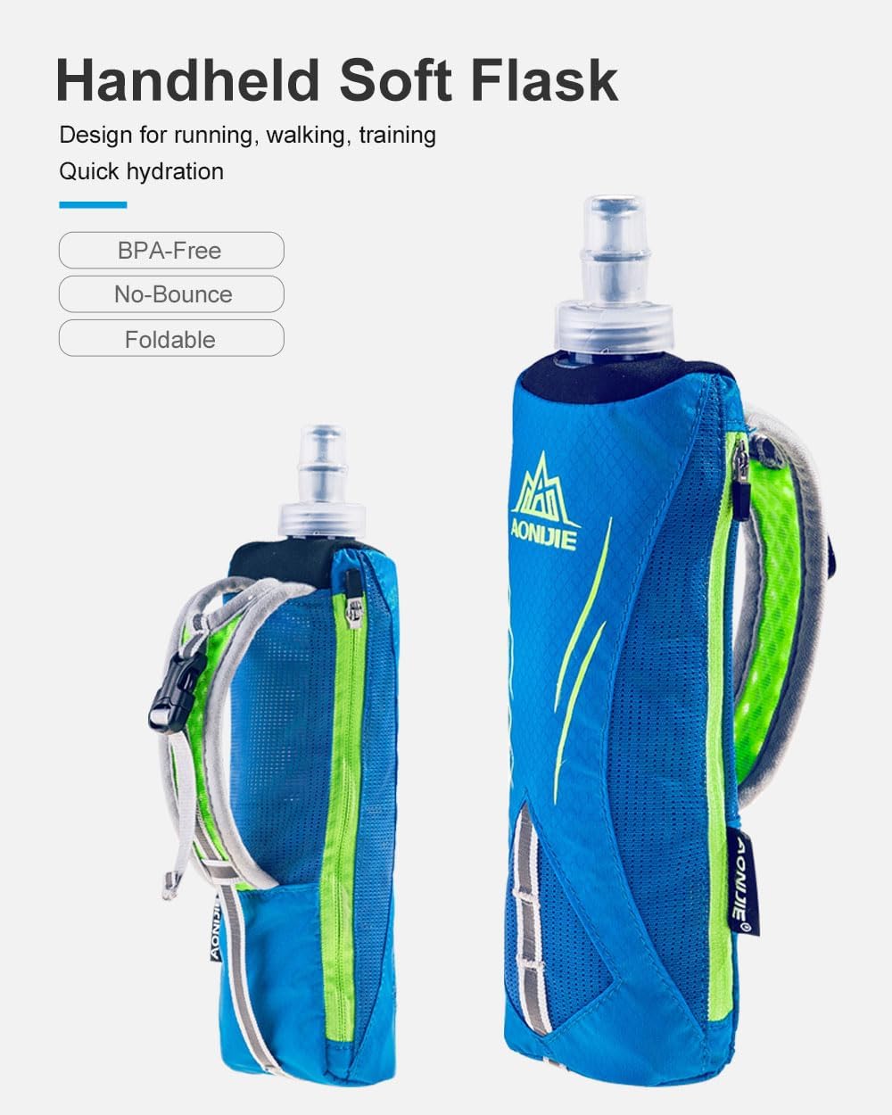 AONIJIE Running Water Bottle Hand Held for Runners, Fit 6.8 Inches Phone, Collapsible 17oz/500ml Soft Flask, Adjustable Strap Handheld for Walking, Hiking
