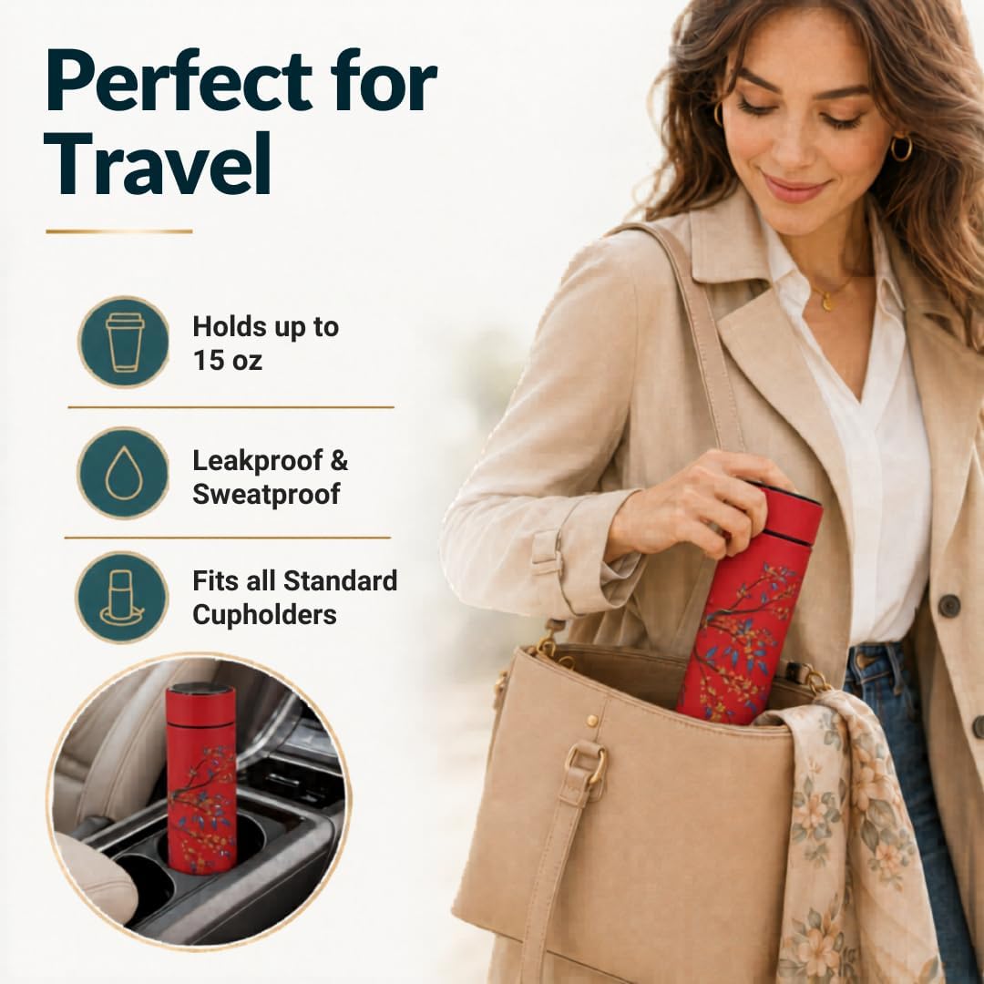 Farasi Tea Infuser for Loose Leaf Tea Smart Water Bottle with Temperature Display, Stainless Steel Insulated Coffee and Fruit Tea Infuser Bottle - Green Floral Travel Tea Mugs 15 oz