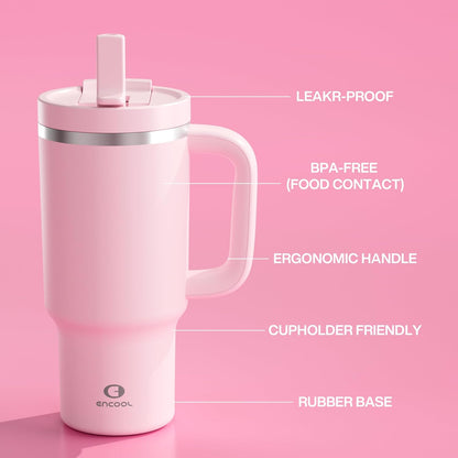 40 oz Tumbler with Handle and Straw: Stainless Steel Insulated Tumbler Keeps Cold for 24 Hours, Leakproof Travel Cup Fits in Cup Holder and BPA-Free, Cotton Candy