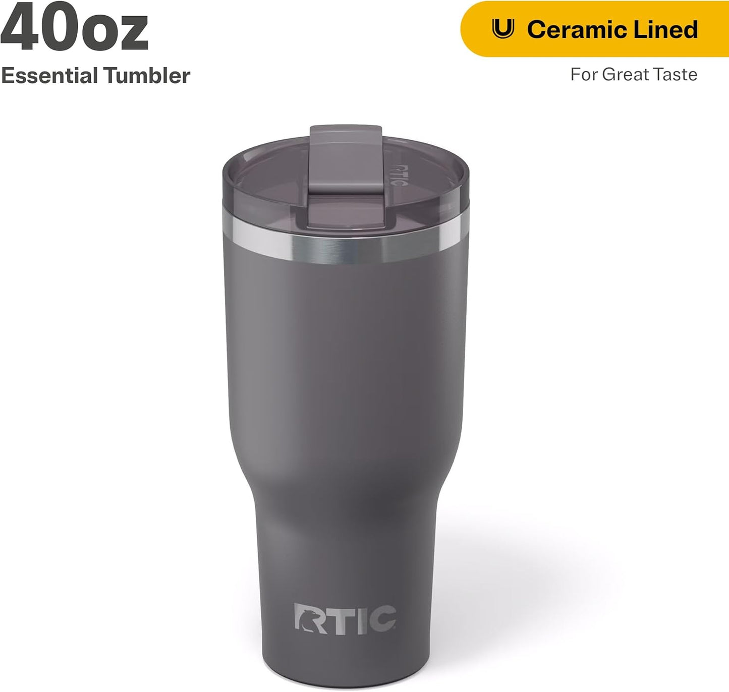 RTIC 20oz Essential Tumbler with Lid, Ceramic Lined, Insulated, Stainless Steel, Metal, Double Wall Vacuum-Insulation, Travel Cup for Iced Coffee, Tea, Hot and Cold Drink, Graphite
