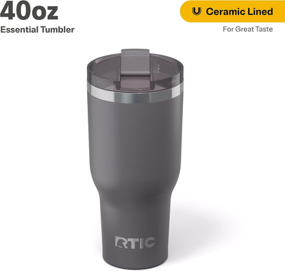 RTIC 20oz Essential Tumbler with Lid, Ceramic Lined, Insulated, Stainless Steel, Metal, Double Wall Vacuum-Insulation, Travel Cup for Iced Coffee, Tea, Hot and Cold Drink, Graphite