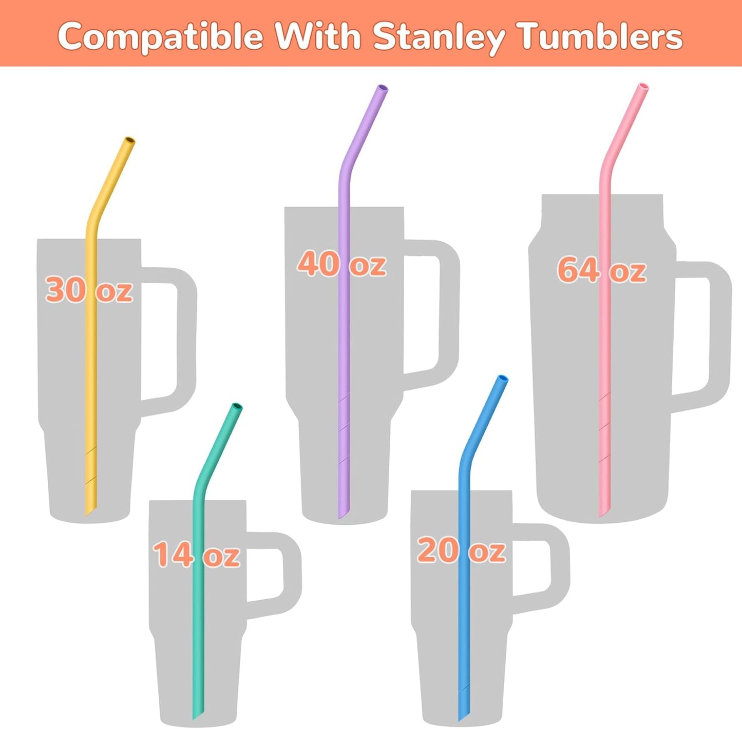 NiHome 14PCS Silicone Straws Fit for Stanley 40oz 30oz Tumbler, 14” Extra Long Reusable Drinking Straw, Flexible Can Cut Length for 1/Half Gallon 75 64 OZ Large Water Bottle - 2 Brushes (Rainbow)
