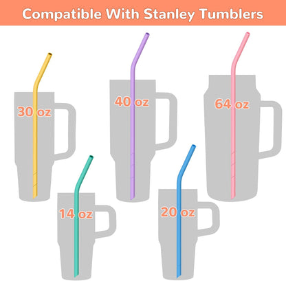 NiHome 14PCS Silicone Straws Fit for Stanley 40oz 30oz Tumbler, 14” Extra Long Reusable Drinking Straw, Flexible Can Cut Length for 1/Half Gallon 75 64 OZ Large Water Bottle - 2 Brushes (Rainbow)