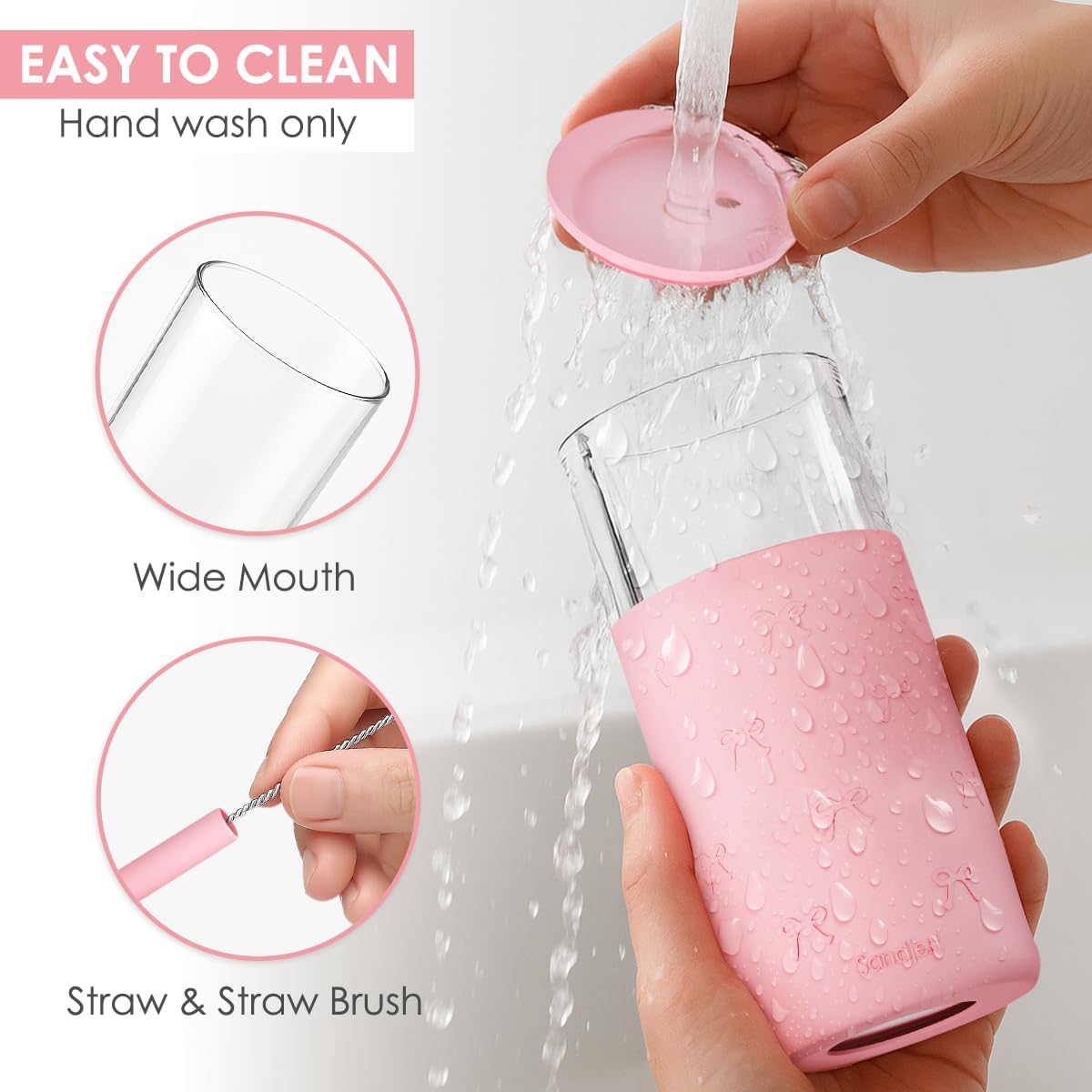 SANDJEST Glass Tumbler with Straw and Lid, Glass Water Bottle with Silicone Sleeve 20oz, Smoothie, Iced Coffee Cup, Gifts for Women Teen Girls Birthday Christmas (Cream)