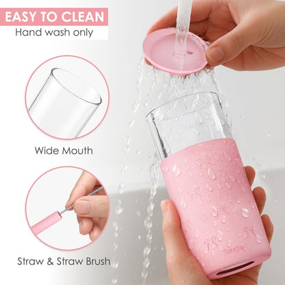 SANDJEST Glass Tumbler with Straw and Lid, Glass Water Bottle with Silicone Sleeve 20oz, Smoothie, Iced Coffee Cup, Gifts for Women Teen Girls Birthday Christmas (Cream)