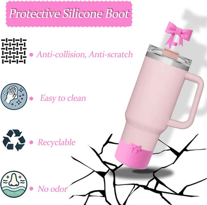 Bow Silicone Protective for Stanley Boot for 20/30/40Oz, 2 Pack for Stanley Cup Accessories Compatible 12-24Oz for Hydroflask Boot and More (Pink Set)