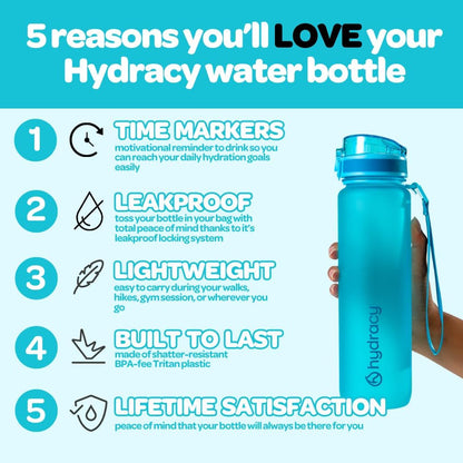 Hydracy Water Bottle with Time Marker -Large BPA Free Water Bottle & No Sweat Sleeve -Leak Proof Gym Bottle with Times to Drink - Ideal for Fitness Sports & Outdoors