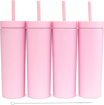 STRATA CUPS Perwinkle Skinny Tumblers with Lids and Straws (4 pack), 16oz Matte Pastel Colored Acrylic Tumblers with Lids and Straws, Double Wall Skinny Tumbler Bulk, Reusable Cup with Straw Cleaner