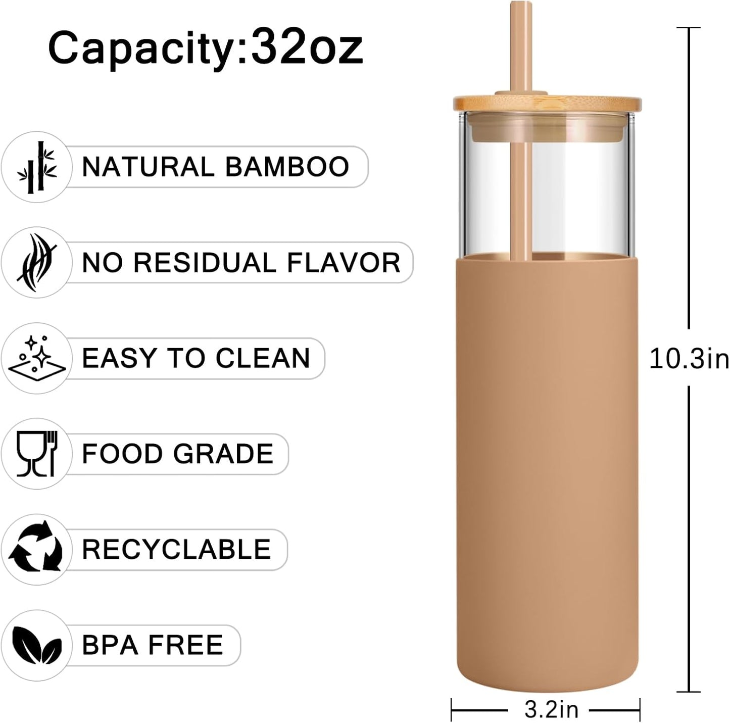 Tronco 24 oz Glass Tumbler with Lids and Straw, Reusable Iced Coffee Cup & Smoothie Cup with Bamboo Lid, Silicone Sleeve, Dishwasher Safe, BPA-Free Borosilicate Glass, 1 Pack