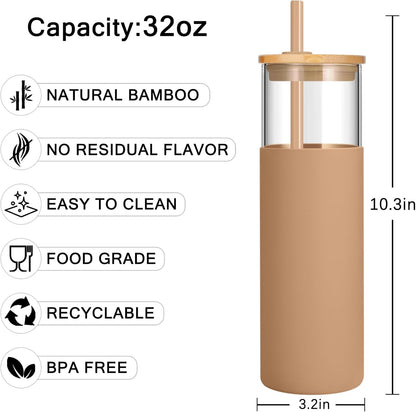 Tronco 24 oz Glass Tumbler with Lids and Straw, Reusable Iced Coffee Cup & Smoothie Cup with Bamboo Lid, Silicone Sleeve, Dishwasher Safe, BPA-Free Borosilicate Glass, 1 Pack