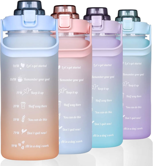 Large Motivational Water Bottle with Straw Time Marker BPA Free for Sport and Fitness (Pink Blue, 64 Oz / Half Gallon)