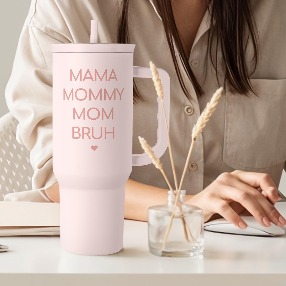 Floral Tumbler with Handle 40oz, Stainless Steel Insulated Tumblers Coffee Travel Mug Cup with Straw, Flower Coffee Cup Gifts for Women Girls, Gift for Her on Christmas Birthday Mothers Day