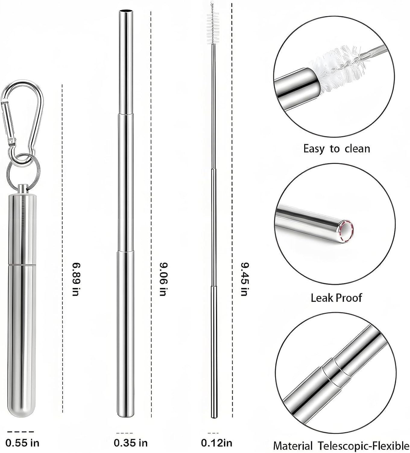 Collapsible Stainless Steel Drinking Straws with Aluminum Case, Cleaning Brush, and Keychains（Black+Silver）
