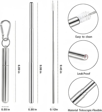 Collapsible Stainless Steel Drinking Straws with Aluminum Case, Cleaning Brush, and Keychains（Black+Silver）