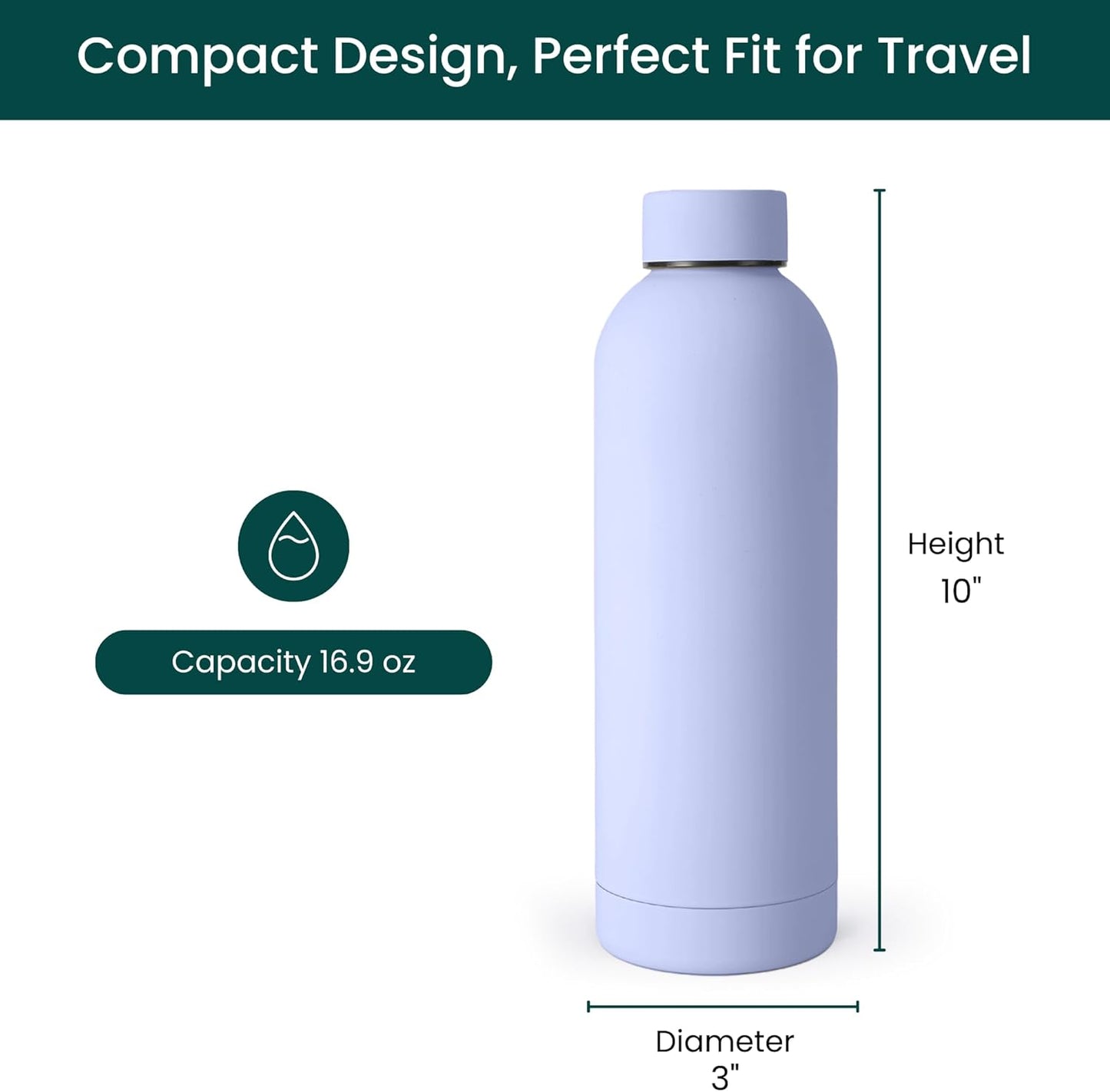 NOBL Stainless Steel Water Bottle,17 oz, 500 ml, Double Wall Vacuum Insulation, Sealed Bottle Keeps Drinks Cold 24 Hrs & Hot 12 Hrs, Leak Proof, Fits Noble Carry-On Cup Holder - Sand