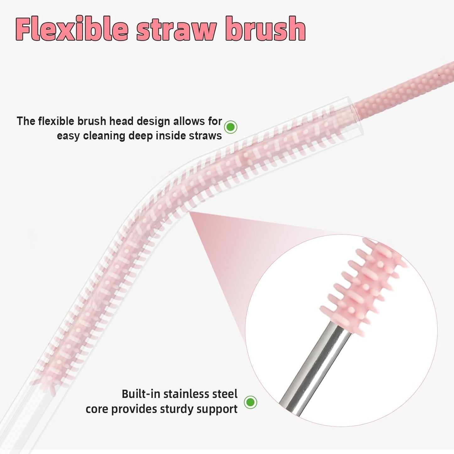 Silicone Straw Cleaner Brush, 4Pcs Reusable Straw Brush Set with Extra-Long Design for Cleaning Thin Metal Straws and Wider Milkshake Straws （6mm+9mm Pink)