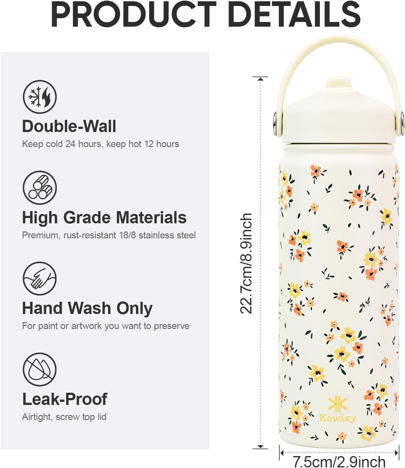 KEWIXY Kids Water Bottle for School, Easy Slide Lid, Leak Proof, Keep Cold 24H, Vacuum Insulated Tumbler, Metal Stainless Steel with Straw and Handle, for Boys&Girls (18OZ, Candy Pink)