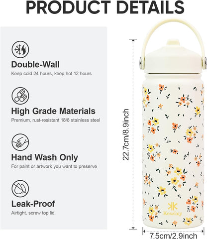 KEWIXY Kids Water Bottle for School, Easy Slide Lid, Leak Proof, Keep Cold 24H, Vacuum Insulated Tumbler, Metal Stainless Steel with Straw and Handle, for Boys&Girls (18OZ, Candy Pink)