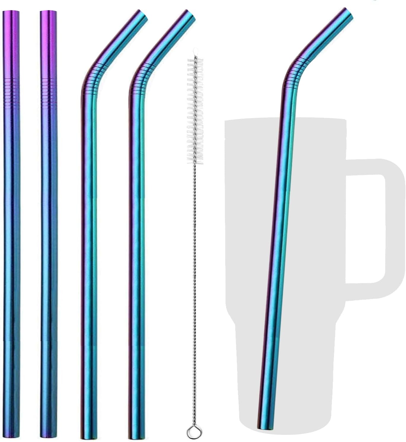 VEHHE Metal Straws Stainless Steel Straws Drinking Straws Reusable - 10.5" Ultra Long 4 + 1 - W/Cleaning Brush for 20/30 Oz for Yeti RTIC SIC Ozark Trail Tumblers (2 Straight|2 Bent|1 Brush)