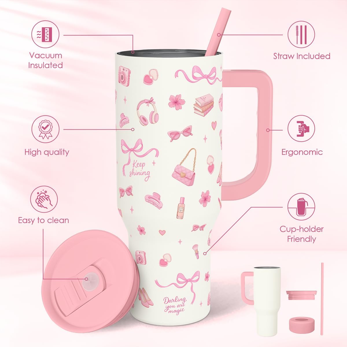 SANDJEST Pickleball 40oz Tumbler With Handle and Straw, Pickleball Queen Insulated Stainless Steel Travel Coffee Mug for Women Girls Players, Gift Idea for Birthday Christmas Mothers Day