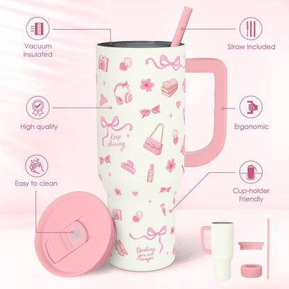 SANDJEST Pickleball 40oz Tumbler With Handle and Straw, Pickleball Queen Insulated Stainless Steel Travel Coffee Mug for Women Girls Players, Gift Idea for Birthday Christmas Mothers Day