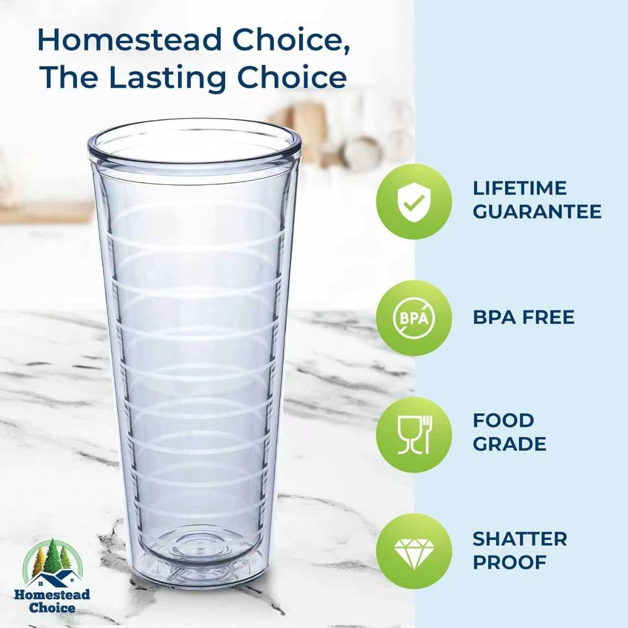 Homestead Choice 16oz Insulated Tumblers Plastic Keeps Drinks Cold & Hot, 4pack Double Walled Clear Insulated Drinking Glasses Cup, BPA-Free, Reusable, Camping, Travel, Kitchen, Party