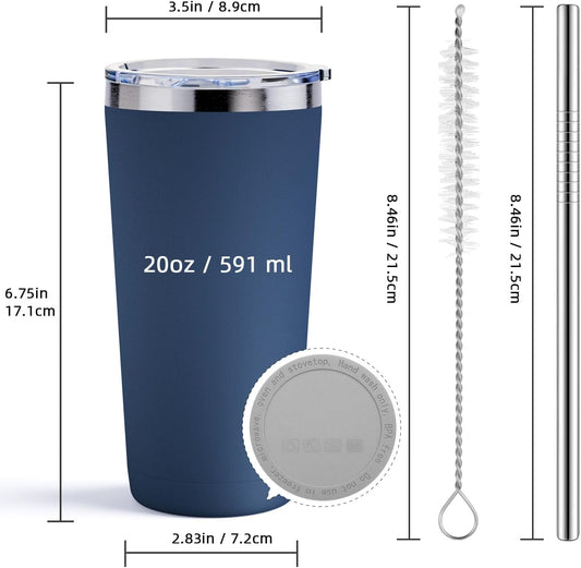 GGQ 20oz Travel Coffee Tumbler Food-Grade 304 Stainless Steel Vacuum Insulated Double Wall Leak-Proof Lid Reusable Straw Hot and Cold Drinks Cup Holder Friendly (Light Blue)