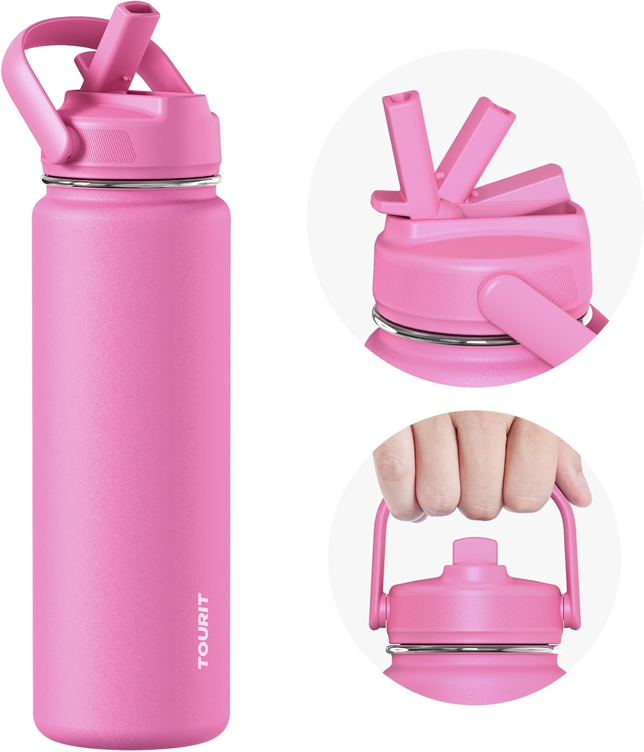TOURIT 24 oz Insulated Water Bottle, Stainless Steel Water Bottles With Straw, Double Wall Vacuum Metal Thermos for Cold and Hot Drinks, Leak Proof BPA Free Water Flask for Sports and Travel, Hot Pink