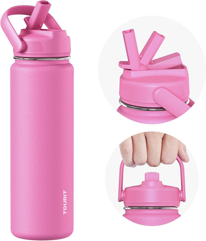 TOURIT 24 oz Insulated Water Bottle, Stainless Steel Water Bottles With Straw, Double Wall Vacuum Metal Thermos for Cold and Hot Drinks, Leak Proof BPA Free Water Flask for Sports and Travel, Hot Pink