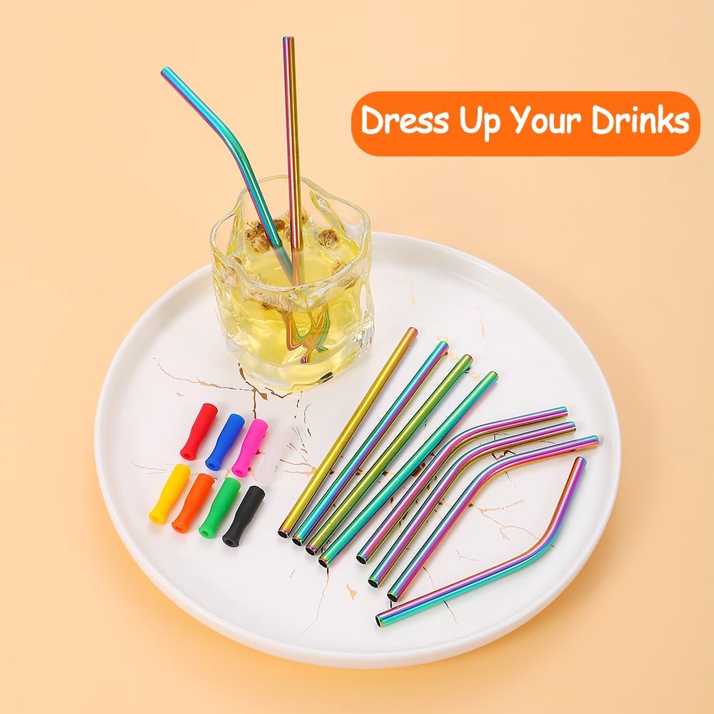 Lazycorner 16 Pcs Metal Straw Reusable 8.5" 10.5" 6mm Stainless Steel Straws for Tumblers 20oz-32oz, Rainbow Drinking Straws with Silicone Tips, 4 Straw Cleaner Brush, 1 Travel Case